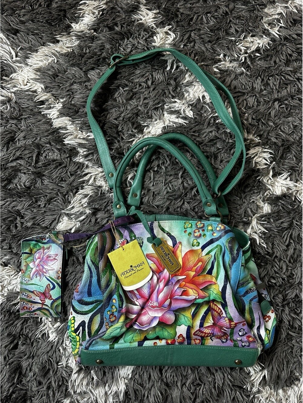 NWT Anuschka Hand Painted Leather Floral Butterfly Satchel Shoulder Bag Purse